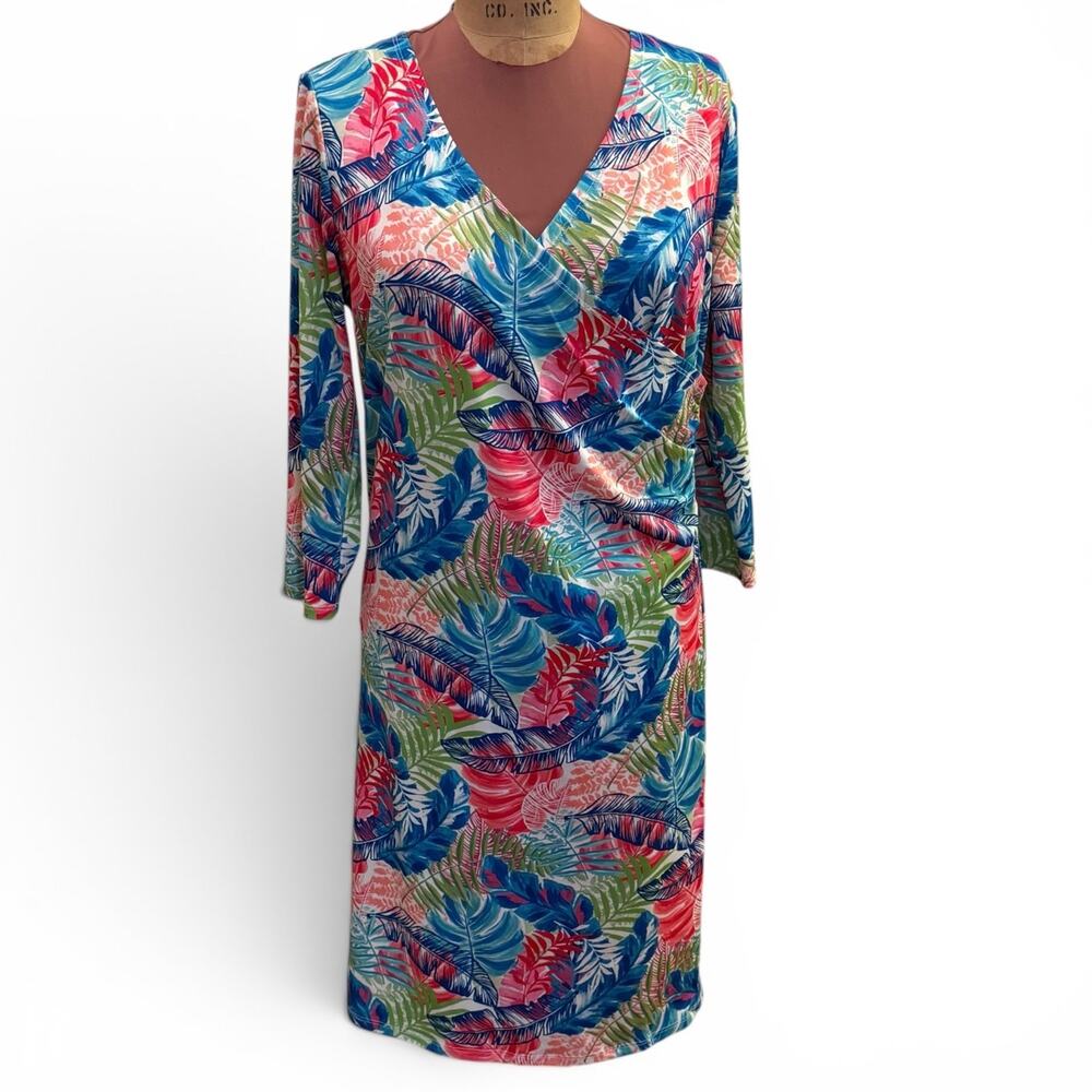 Sunny Leigh Tropical Print Faux Wrap Dress Size M Vacation Resort Colorful 80s